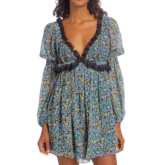 NWT FREE PEOPLE Pennie Babydoll Minidress in Green Combo - Picture 5 of 13
